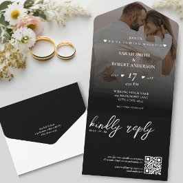Invitación Todo En Uno Boda simple de código QR de fotos recién casadas e