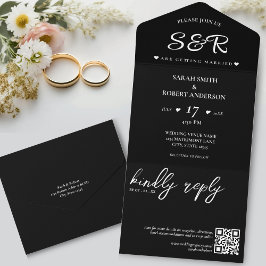 Invitación Todo En Uno Boda simple de código QR negro
