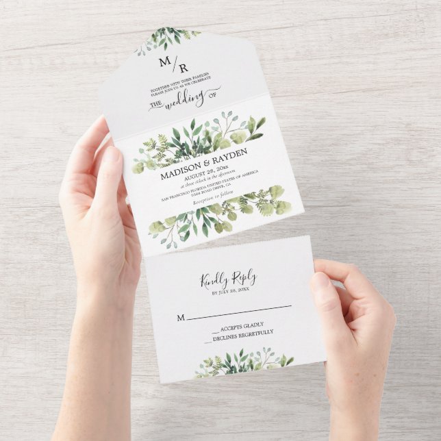 Invitación Todo En Uno Boda simple de eucaliptos botánicos con flores de  (desgarro)