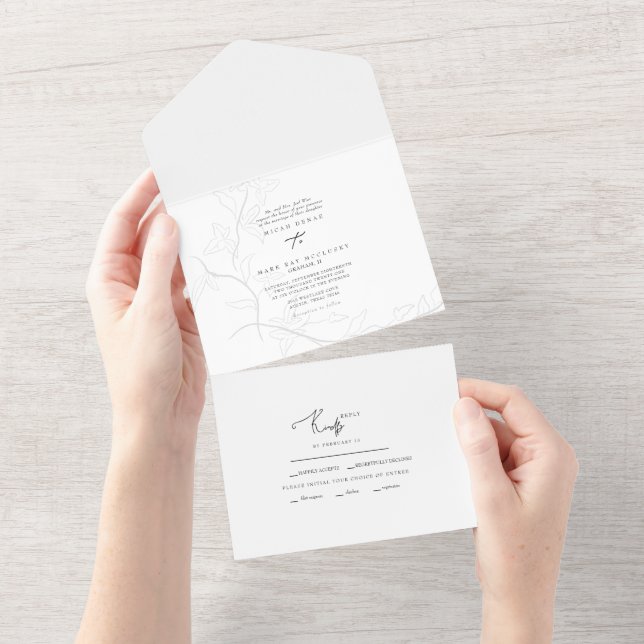 Invitación Todo En Uno Boda simple de follaje de mano (desgarro)