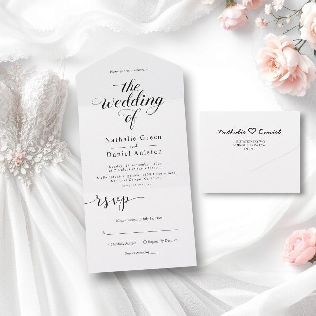 Invitación Todo En Uno Boda simple de guiones de caligrafía en blanco y n (Subido por el creador)