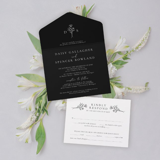 Invitación Todo En Uno Boda simple de monograma floral negro moderno (Subido por el creador)