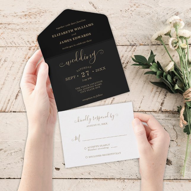 Invitación Todo En Uno Boda Simple Elegante de Oro Negro (Subido por el creador)