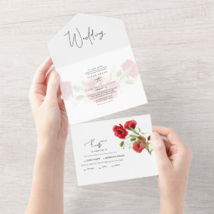Invitación Todo En Uno Boda Simple Floral Roja de Invierno
