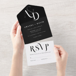 Invitación Todo En Uno Boda simple mínimo en blanco y negro
