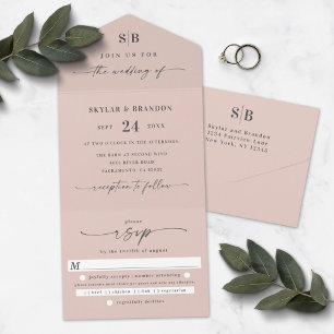 Invitación Todo En Uno Boda Simple Monograma Rosa Claro Bodas