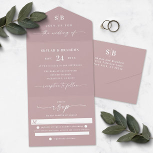 Invitación Todo En Uno Boda Simple Monograma Rosa Malva Polvoriento
