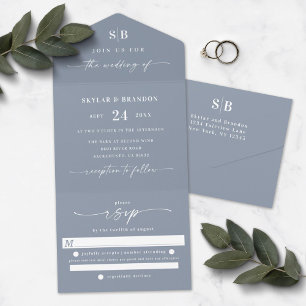 Invitación Todo En Uno Boda Simple Monograma y Escritura Azul Polvoriento