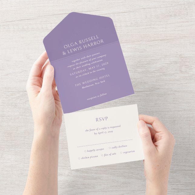 Invitación Todo En Uno Boda simple morado moderno (desgarro)