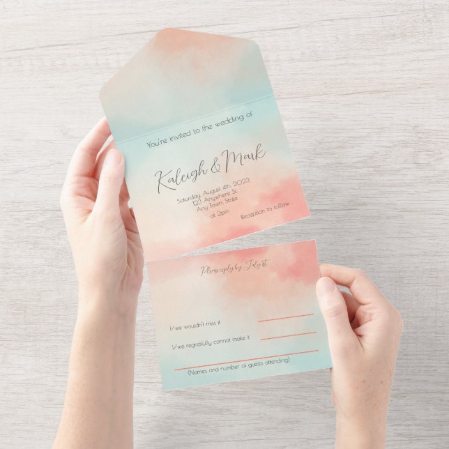 Invitación Todo En Uno Boda simple para pastel y turquesa (desgarro)