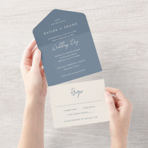 Invitación Todo En Uno Boda Simple Polvorienta Azul Moderna