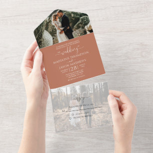 Invitación Todo En Uno Boda Simple Rústica Terracota 2 Fotos RSVP