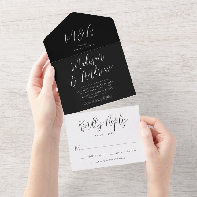 Invitación Todo En Uno Boda Simple Script Negro y Blanco (desgarro)