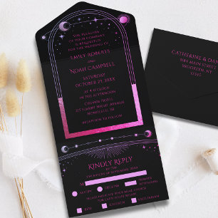 Invitación Todo En Uno Boda Sol Luna Estrellas Celestiales Negro Púrpura