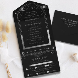 Invitación Todo En Uno Boda Sol Luna Estrellas Celestiales Plata Negra