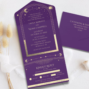 Invitación Todo En Uno Boda Sol Luna Estrellas Oro Púrpura Celestial