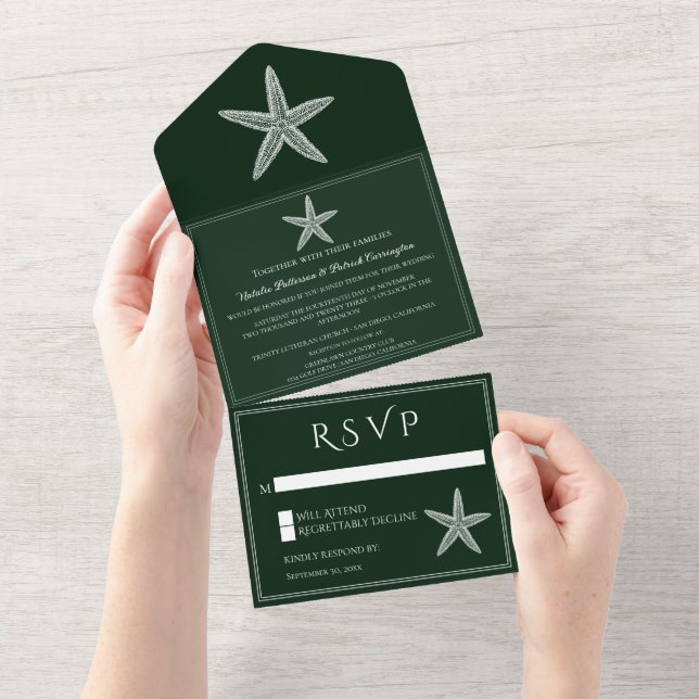 Invitación Todo En Uno Boda Starfish verde esmeralda (desgarro)