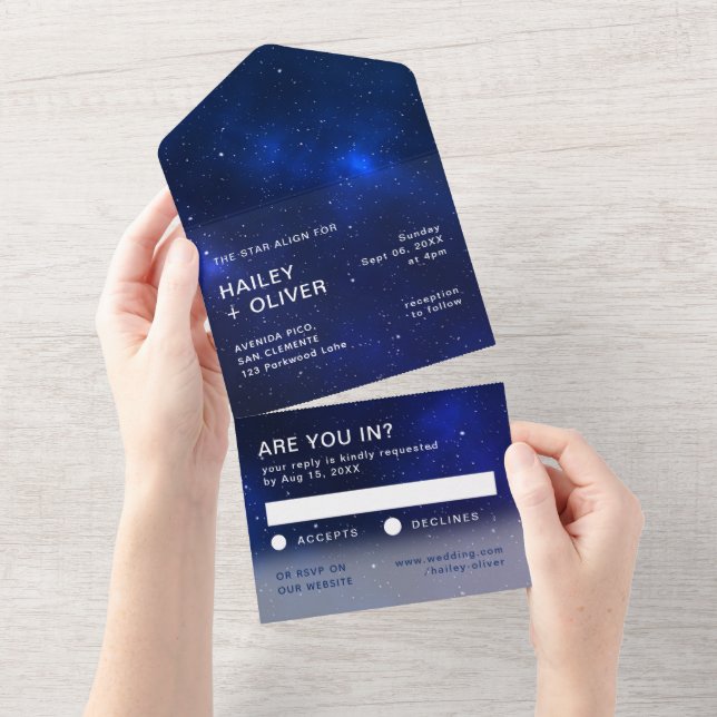 Invitación Todo En Uno Boda Starry Galaxy Blue Night Sky (desgarro)