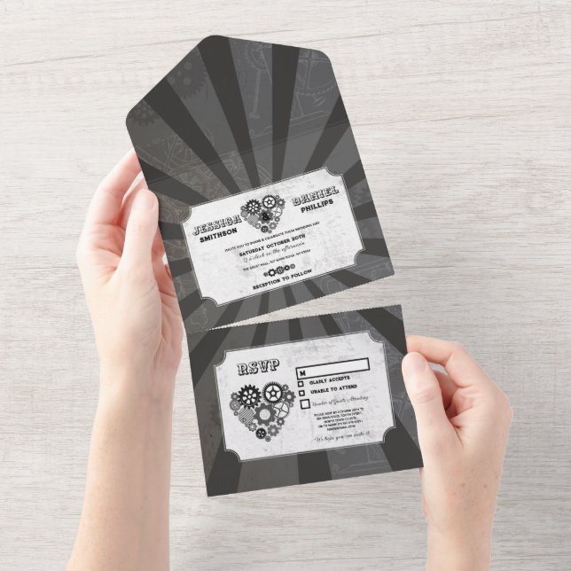 Invitación Todo En Uno Boda Steampunk Boda Hearts Cog Invite y RSVP (desgarro)