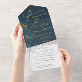 Invitación Todo En Uno Boda suave de orquídeas azules en una sola invitac