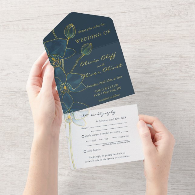 Invitación Todo En Uno Boda suave de orquídeas azules en una sola invitac (desgarro)