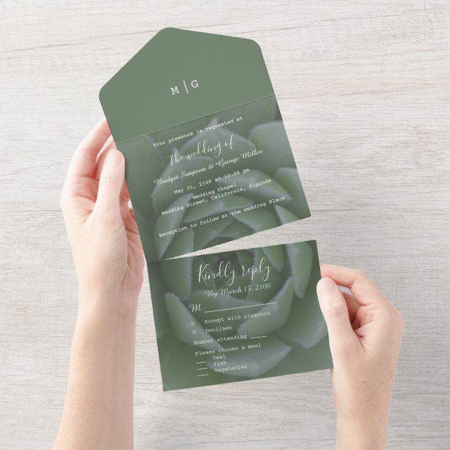 Invitación Todo En Uno boda suculento de sage green monogram (desgarro)