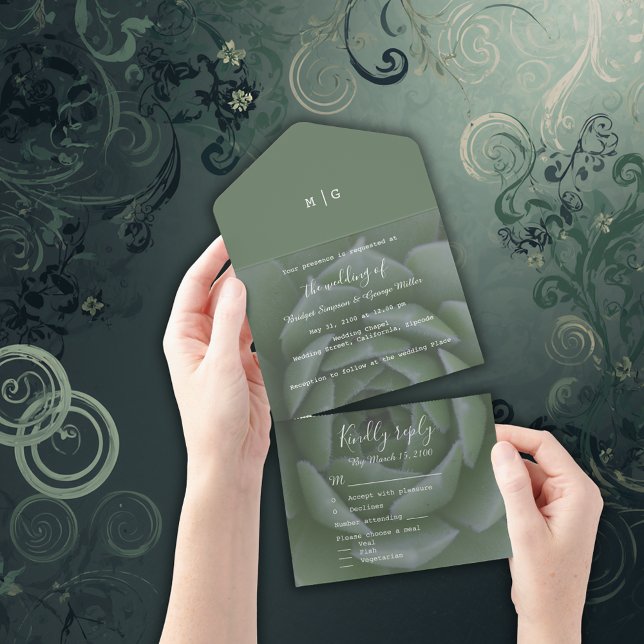 Invitación Todo En Uno boda suculento de sage green monogram (Subido por el creador)