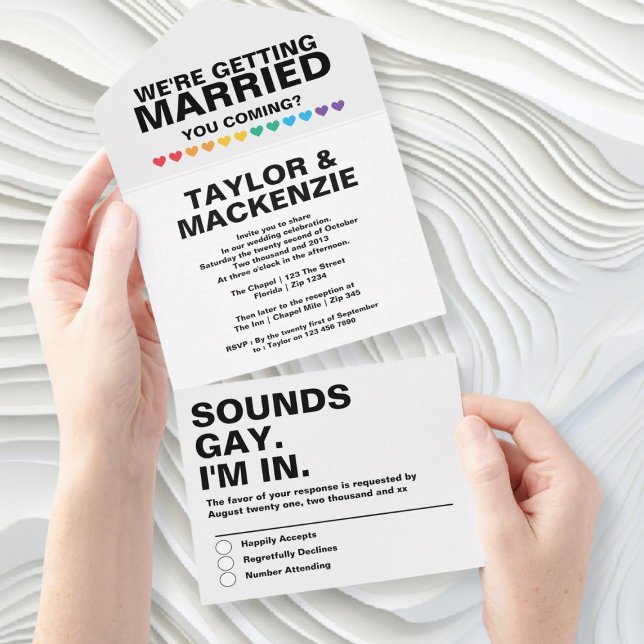 Invitación Todo En Uno Boda suena divertido orgullo arcoiris gay (Wedding Sounds Gay Fun Rainbow Pride All In One Invitation by Ricaso. Invite, envelope, RSVP all in)