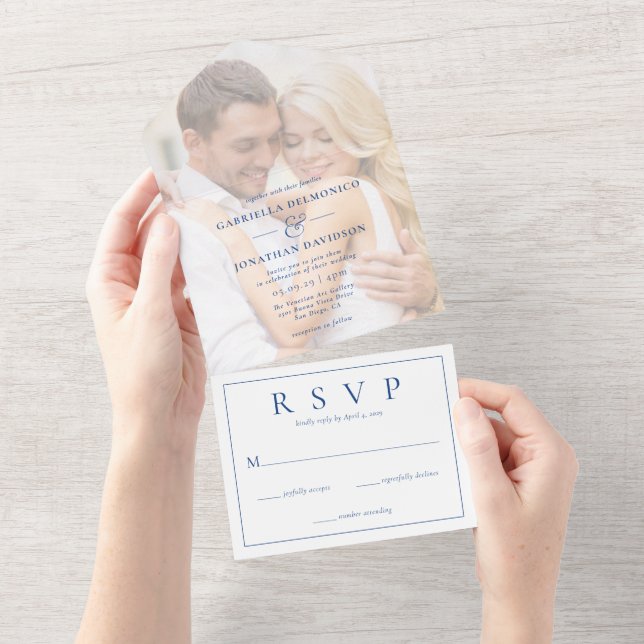 Invitación Todo En Uno Boda superpuesta fotográfica moderna RSVP Azul (desgarro)