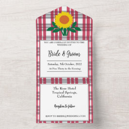 Invitación Todo En Uno Boda Tartán Blanco Gris Rojo