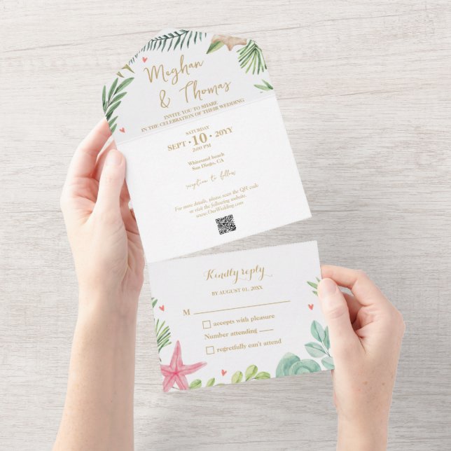 Invitación Todo En Uno Boda temática de playa tropical con código QR RSVP (desgarro)