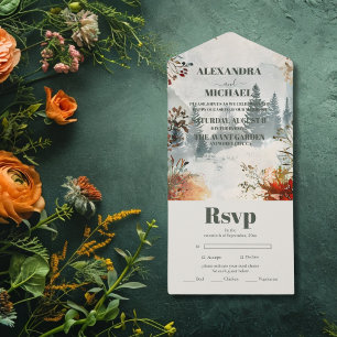 Invitación Todo En Uno Boda temática Rústica de bosque de pinos