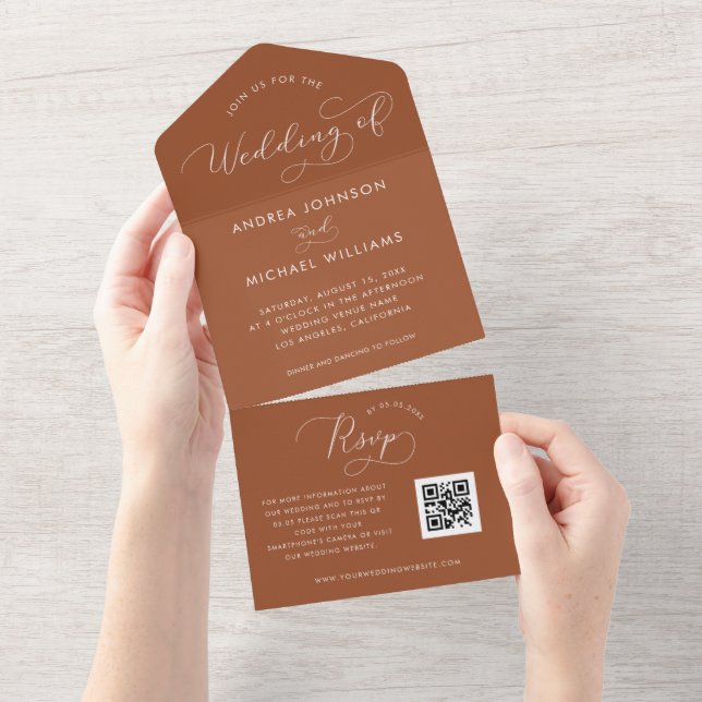Invitación Todo En Uno Boda Terracota Script Otoño QR Code (desgarro)