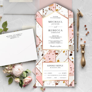 Invitación Todo En Uno Boda Terrazzo geométrico de tierra rosa de Rubor