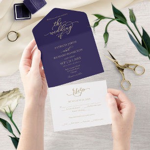 Invitación Todo En Uno Boda Todo en Uno Caligrafía en Oro Azul Marino  