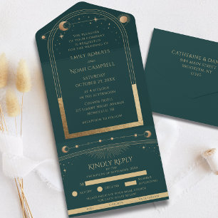 Invitación Todo En Uno Boda Todo En Uno Sol Luna Celestial Oro Verde
