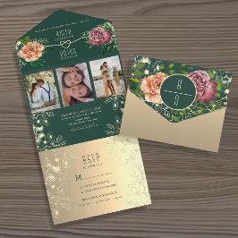 Invitación Todo En Uno Boda Tono de Joyas Florales Verde Esmeralda