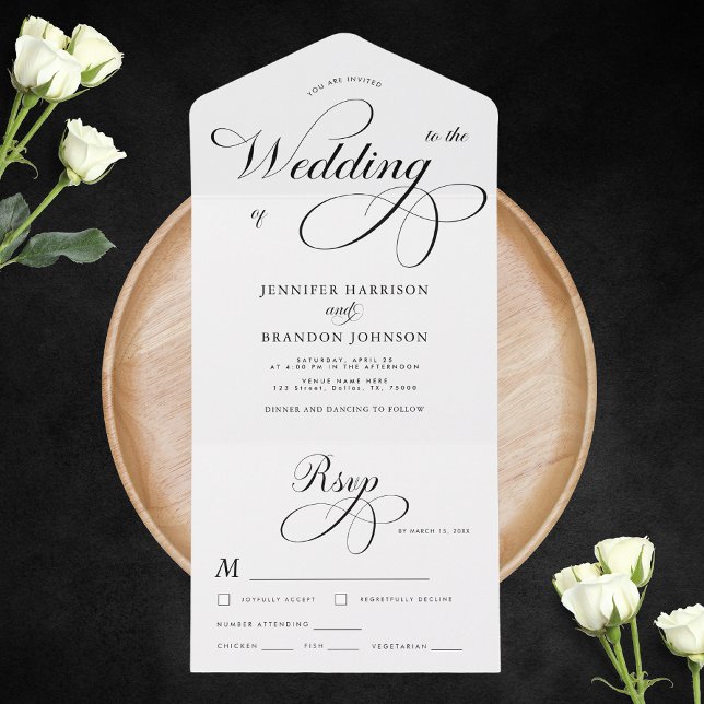 Invitación Todo En Uno Boda tradicional de caligrafía blanca y negra (Subido por el creador)