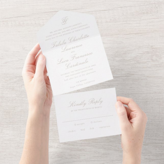 Invitación Todo En Uno Boda Tradicional Neutral Elegante y Arenosa (desgarro)