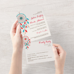 Invitación Todo En Uno Boda tribal boho Dreamcatcher de plumas