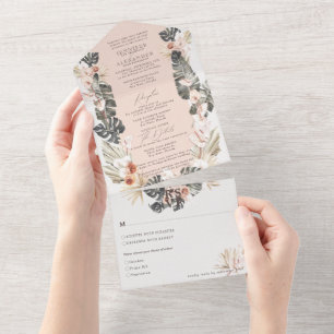 Invitación Todo En Uno Boda tropical bohemio floral de Rubor pálido