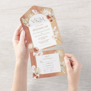 Invitación Todo En Uno Boda Tropical con Hojas de Palma Terracota y Caqui