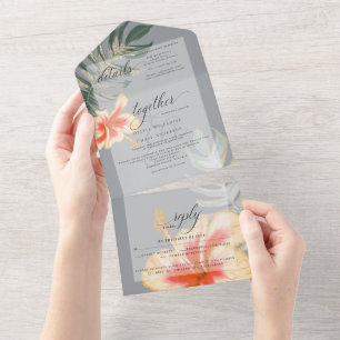 Invitación Todo En Uno Boda Tropical de Hibisco Amarillo Escarlata y Hele