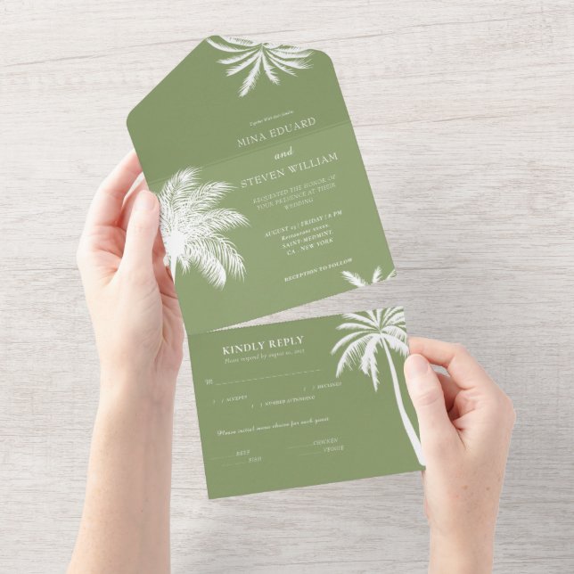 Invitación Todo En Uno boda tropical de palmera verde (desgarro)
