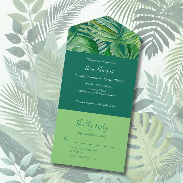Invitación Todo En Uno boda tropical de vegetación esmeralda (Subido por el creador)