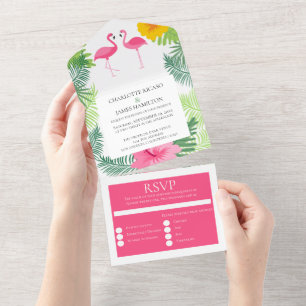 Invitación Todo En Uno Boda tropical del flamenco rosado personalizado