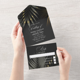 Invitación Todo En Uno Boda tropical dorada y negra en la playa todo en u