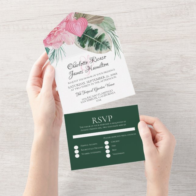 Invitación Todo En Uno Boda tropical Flamingo rosa (desgarro)
