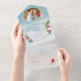 Invitación Todo En Uno Boda Tropical Flower Photo Beach
