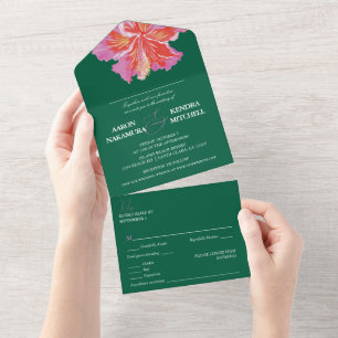 Invitación Todo En Uno Boda Tropical Hibiscus Esmeralda